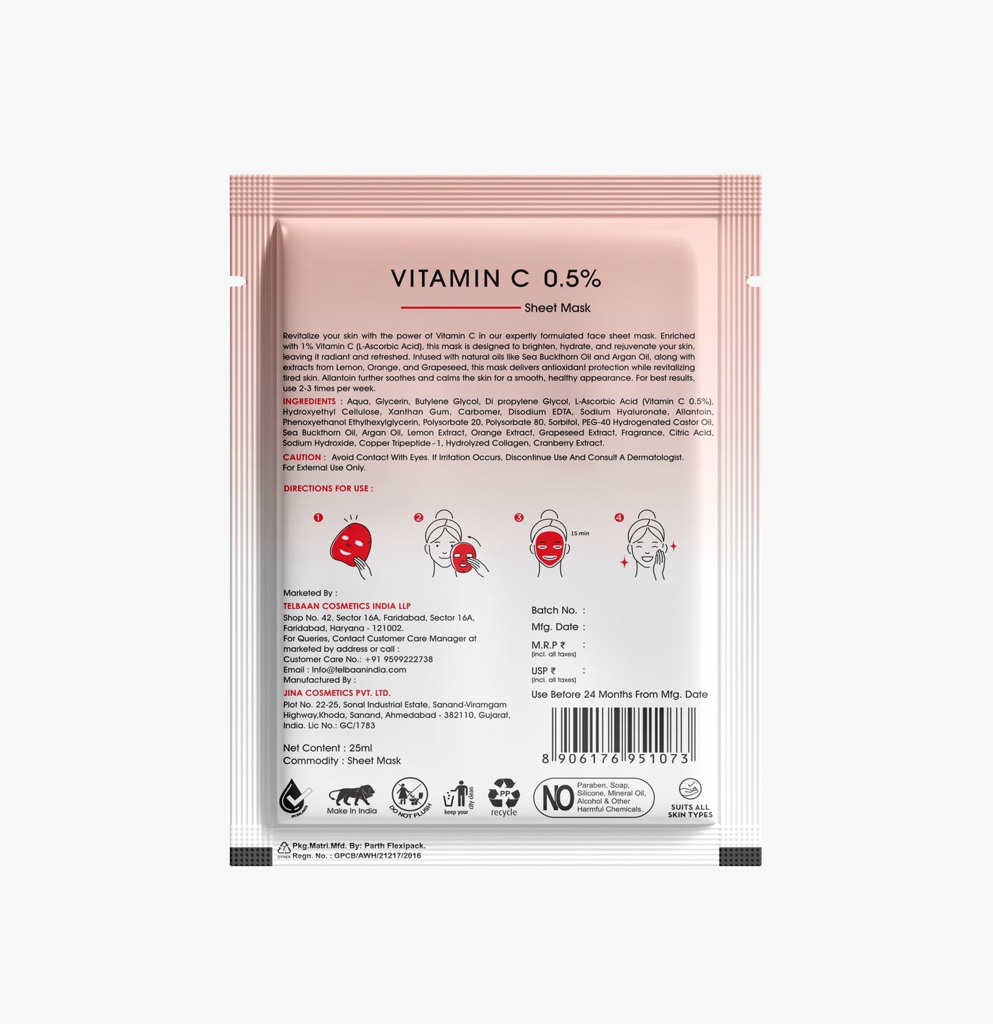 In'Lief Vitamic C Sheet Mask - 25ml | Rich in Peptides & Collagen | Infused with Cranberry