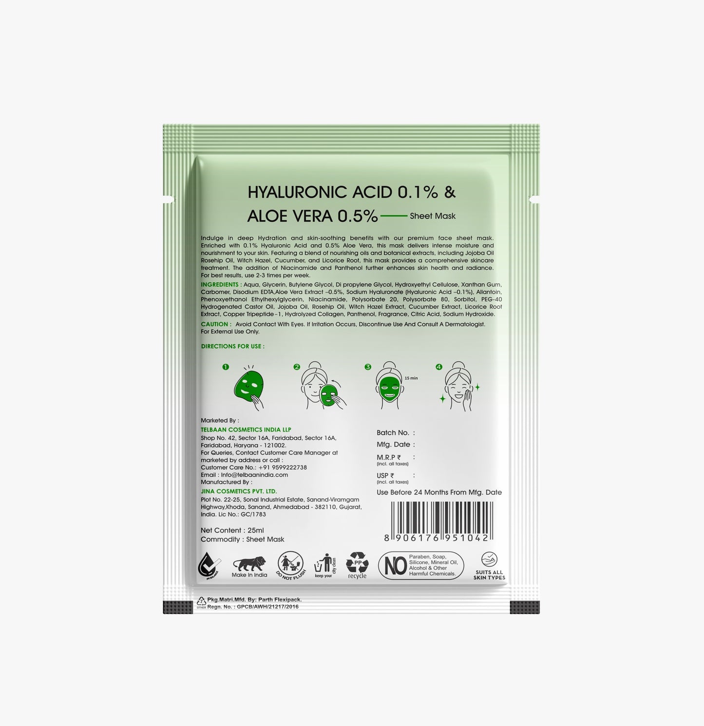 In'Lief Hyaluronic Acid and Aloe Vera Sheet Mask - 25ml | Rich in Peptides & Collagen | Infused with Lavender