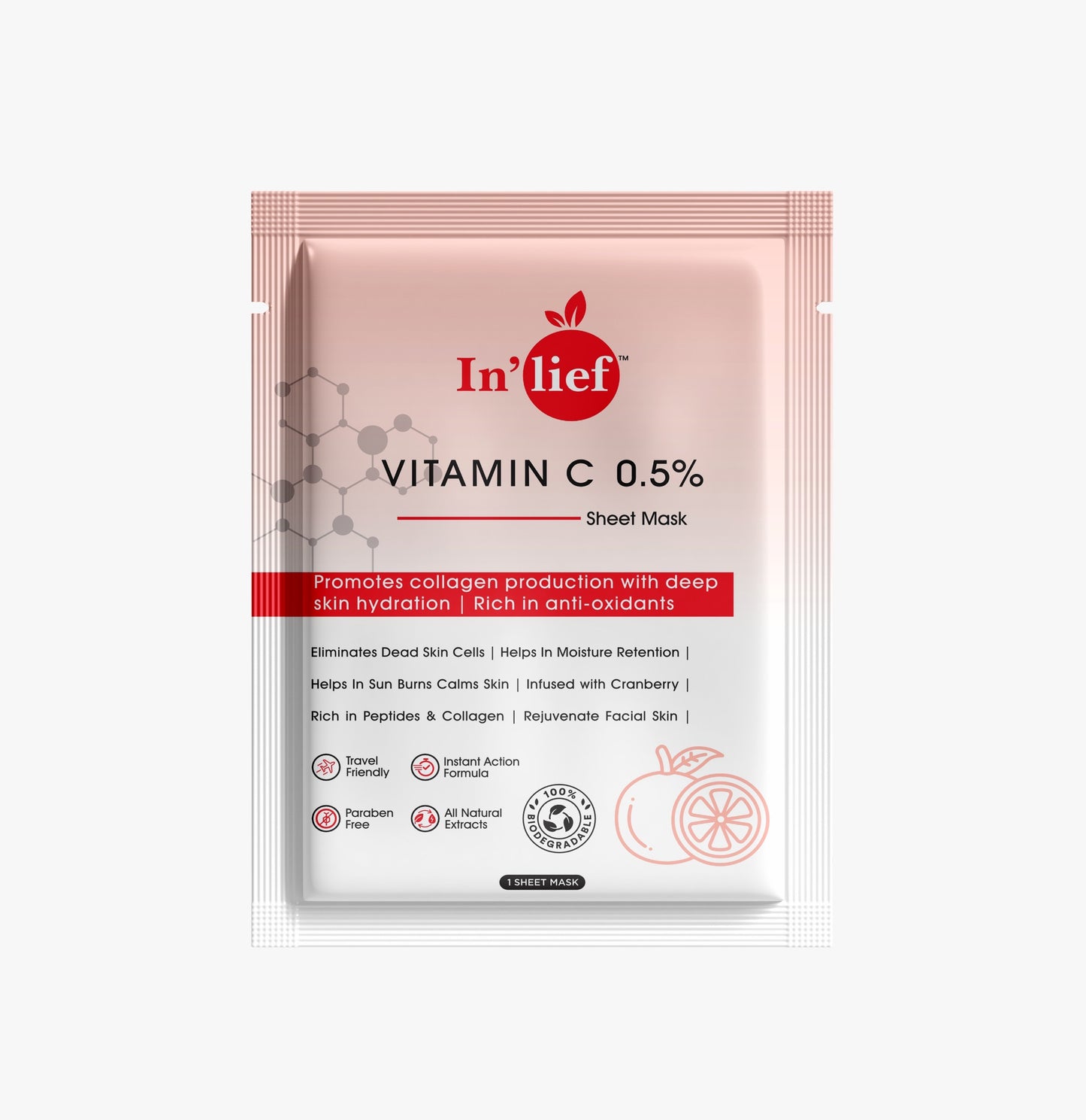 In'Lief Vitamic C Sheet Mask - 25ml | Rich in Peptides & Collagen | Infused with Cranberry