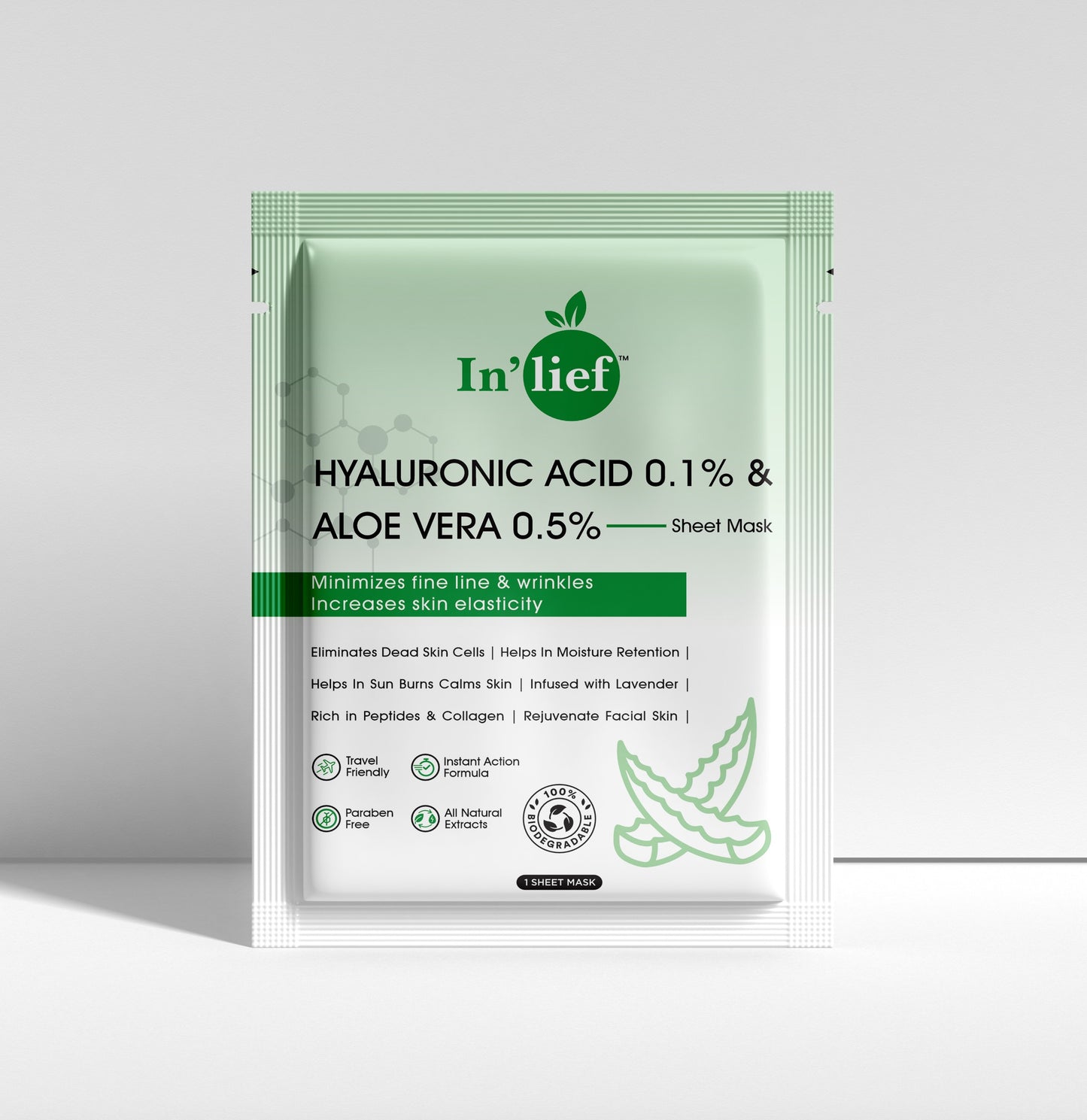 In'Lief Hyaluronic Acid and Aloe Vera Sheet Mask - 25ml | Rich in Peptides & Collagen | Infused with Lavender