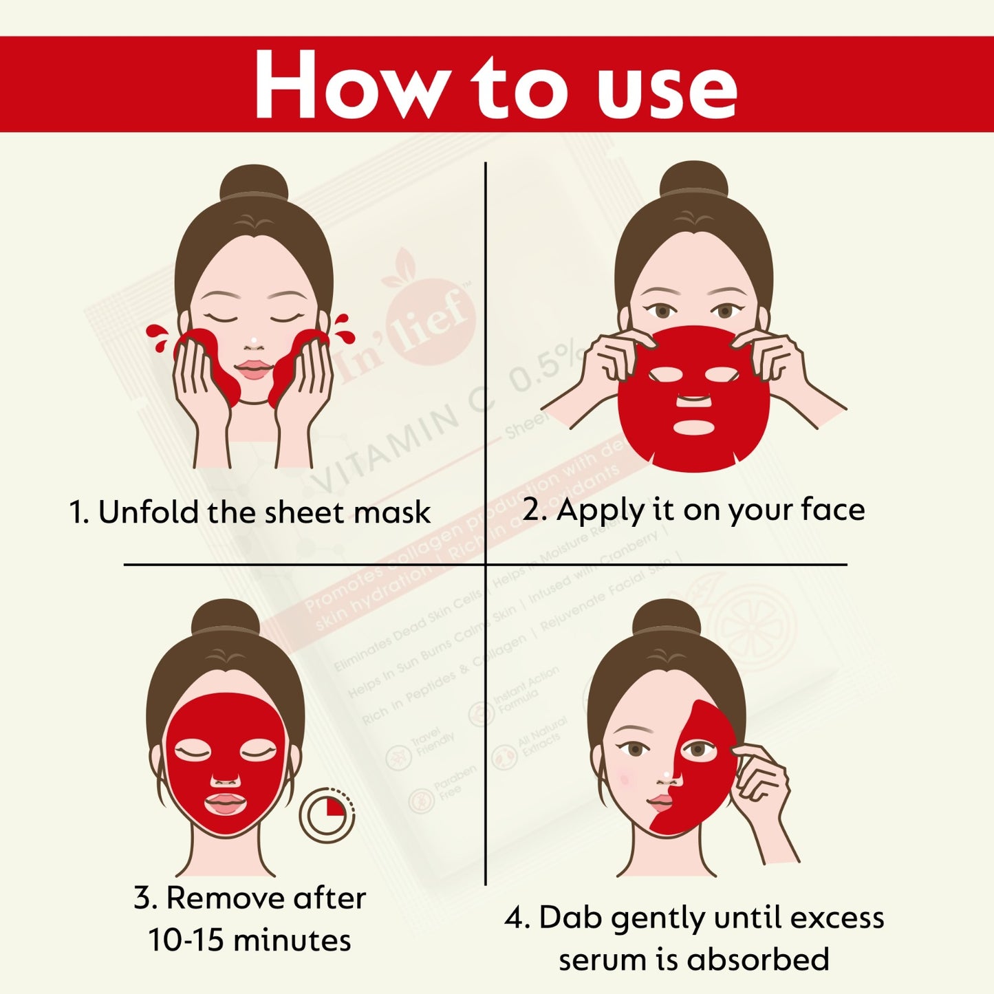 In'Lief Sheet Mask Pack of 2 - 25ml | Vitamic C | Hyaluronic Acid | Rich in Peptides & Collagen