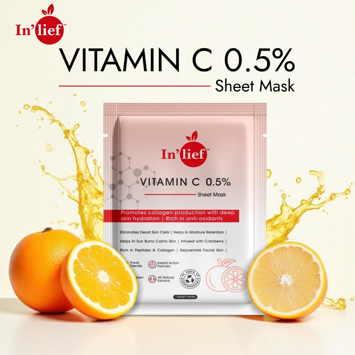 In'Lief Sheet Mask Pack of 2 - 25ml | Vitamic C | Hyaluronic Acid | Rich in Peptides & Collagen