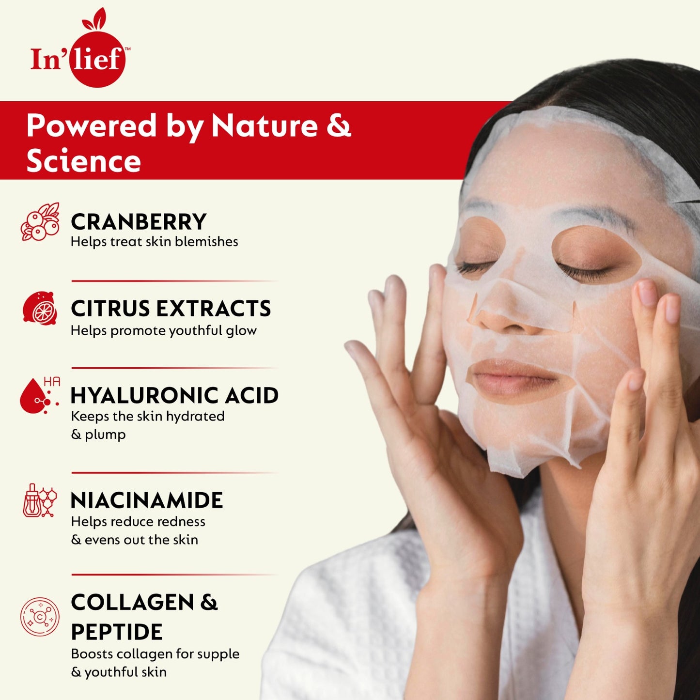 In'Lief Sheet Mask Pack of 2 - 25ml | Vitamic C | Hyaluronic Acid | Rich in Peptides & Collagen