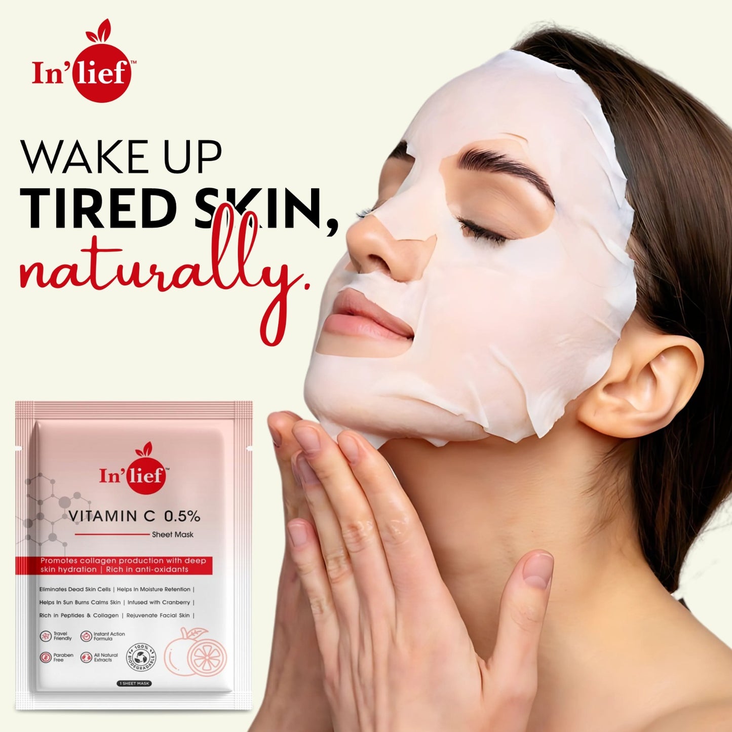 In'Lief Vitamic C Sheet Mask - 25ml | Rich in Peptides & Collagen | Infused with Cranberry