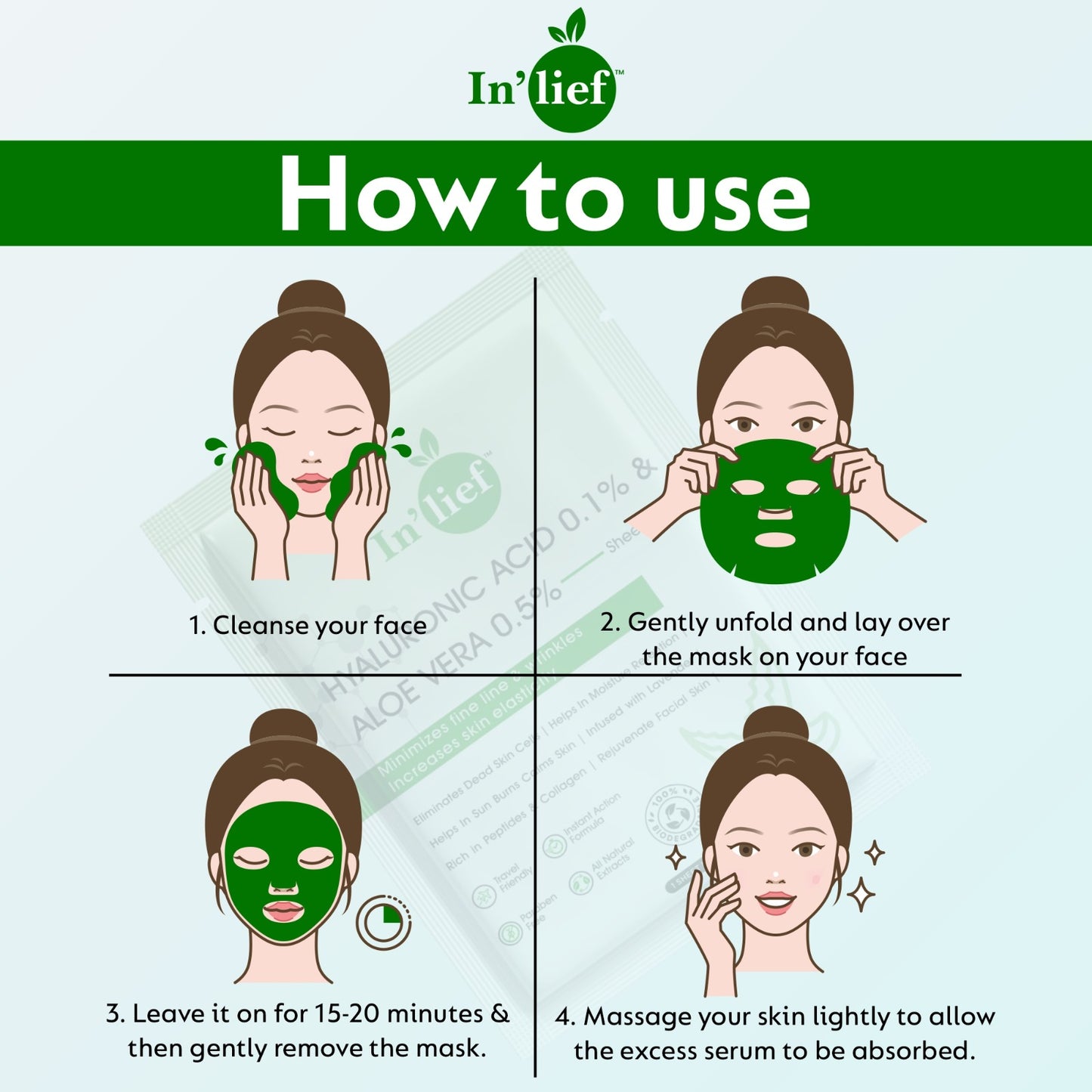 In'Lief Hyaluronic Acid and Aloe Vera Sheet Mask - 25ml | Rich in Peptides & Collagen | Infused with Lavender