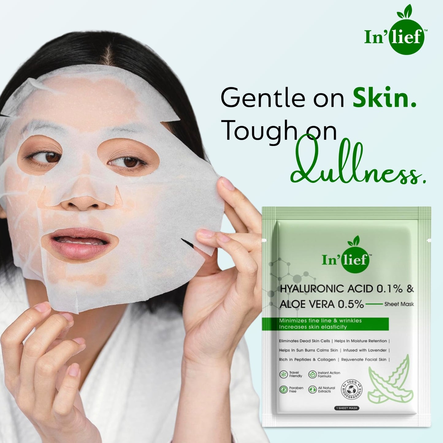 In'Lief Hyaluronic Acid and Aloe Vera Sheet Mask - 25ml | Rich in Peptides & Collagen | Infused with Lavender